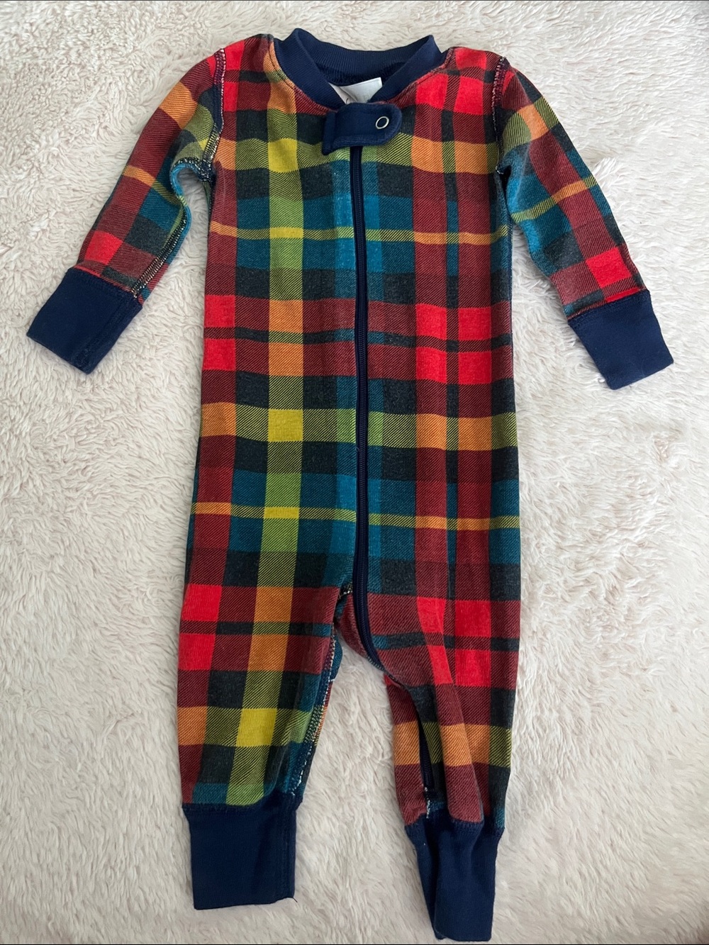 Hanna Andersson Rainbow Plaid Footed One-Piece with Navy Trim